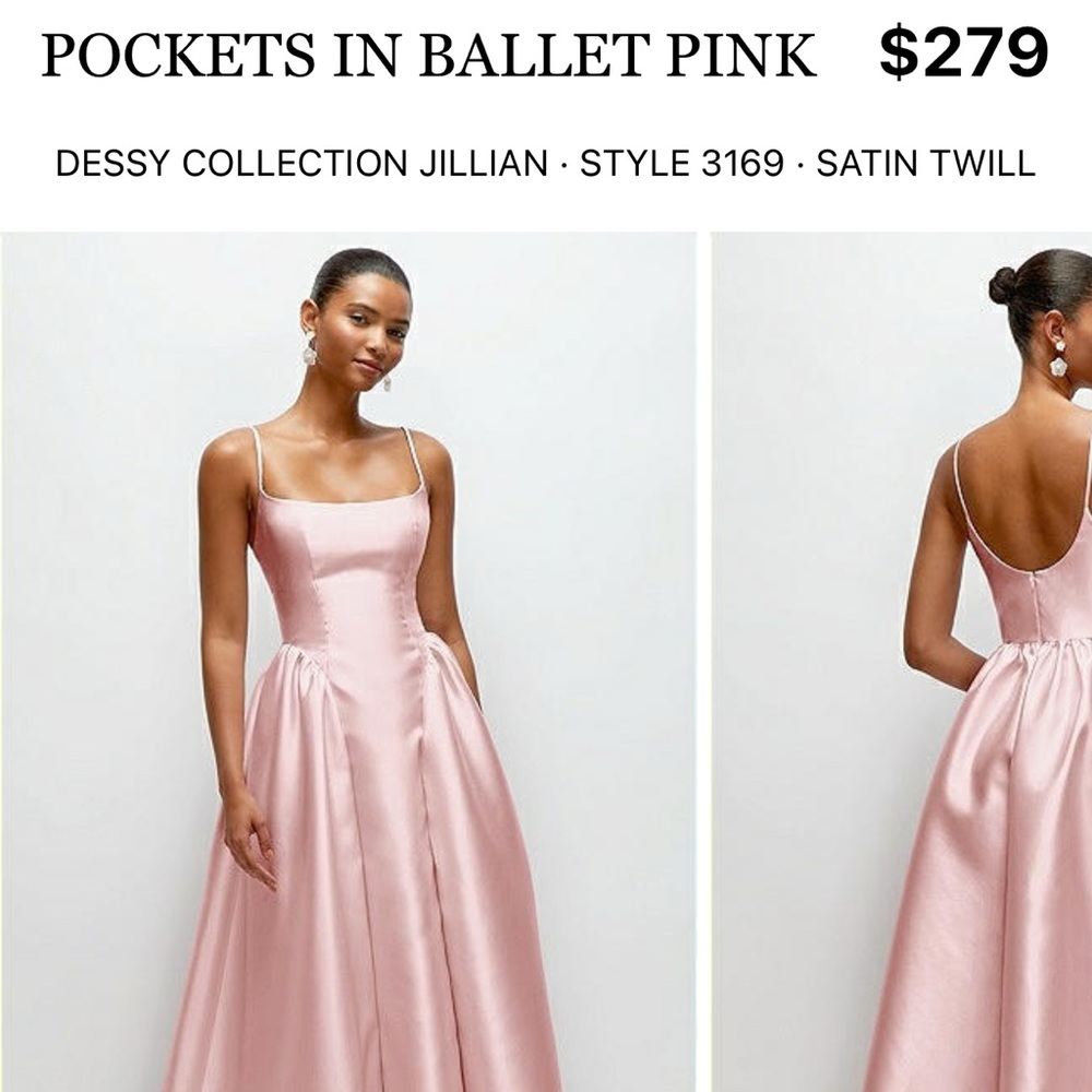 Dessy Collection Scoop Neck Drop Basque Skirt Satin Maxi Ballet Pink BRIDESMAID